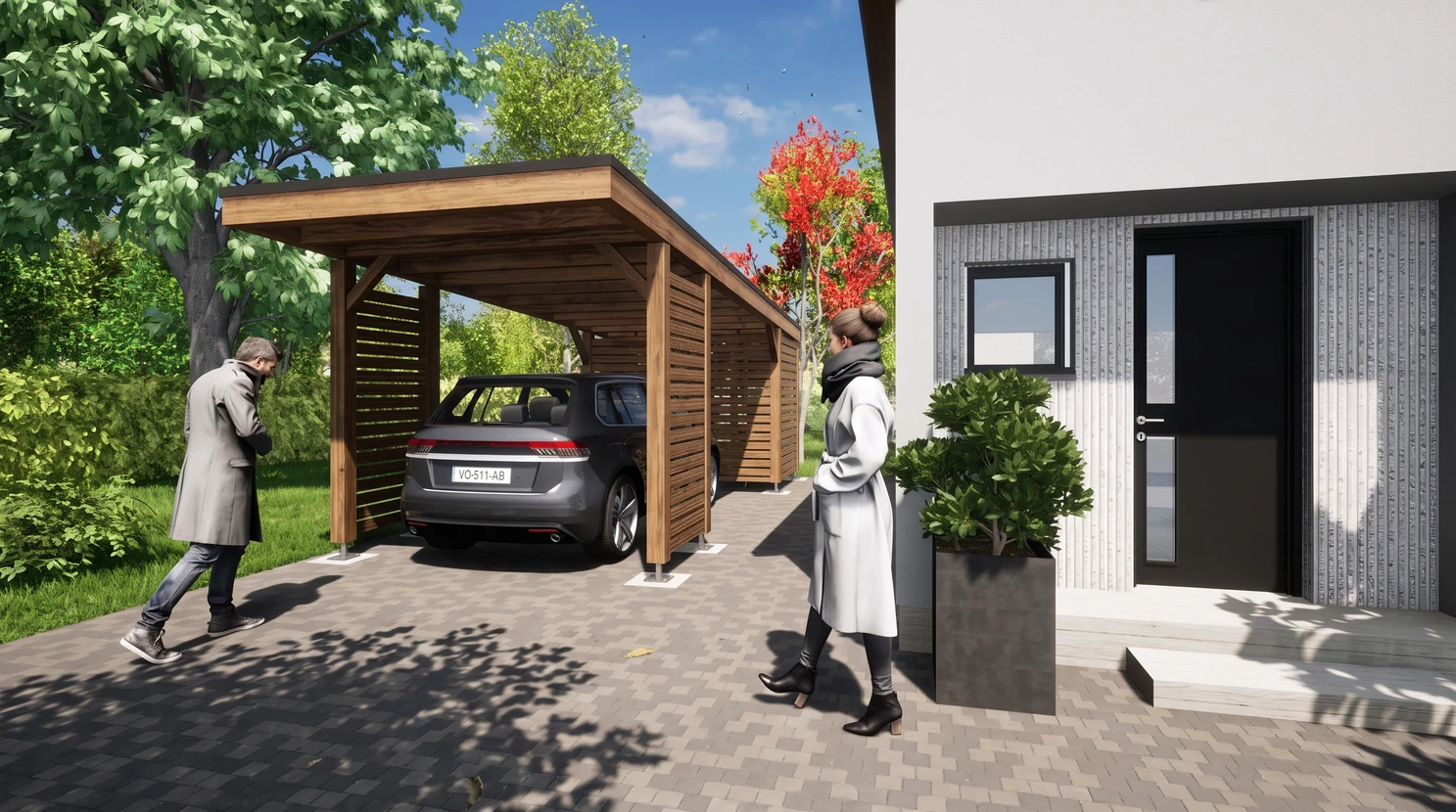Garage double extérieur avec façade rouge en bardage bois, toiture métallique grise et encadrements blancs